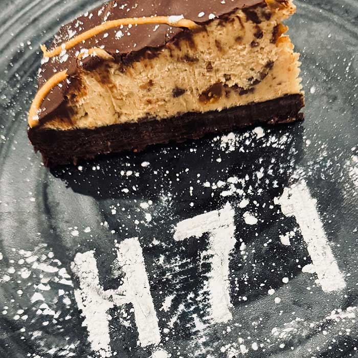 Peanut butter landslide mousse cake slice from dessert menu served at Heritage 71 restaurant and bar in Sherwood, WI