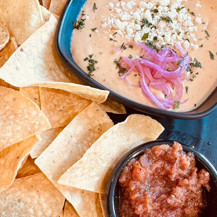Queso and chips from appetizer menu served at Heritage 71 restaurant and bar in Sherwood, WI